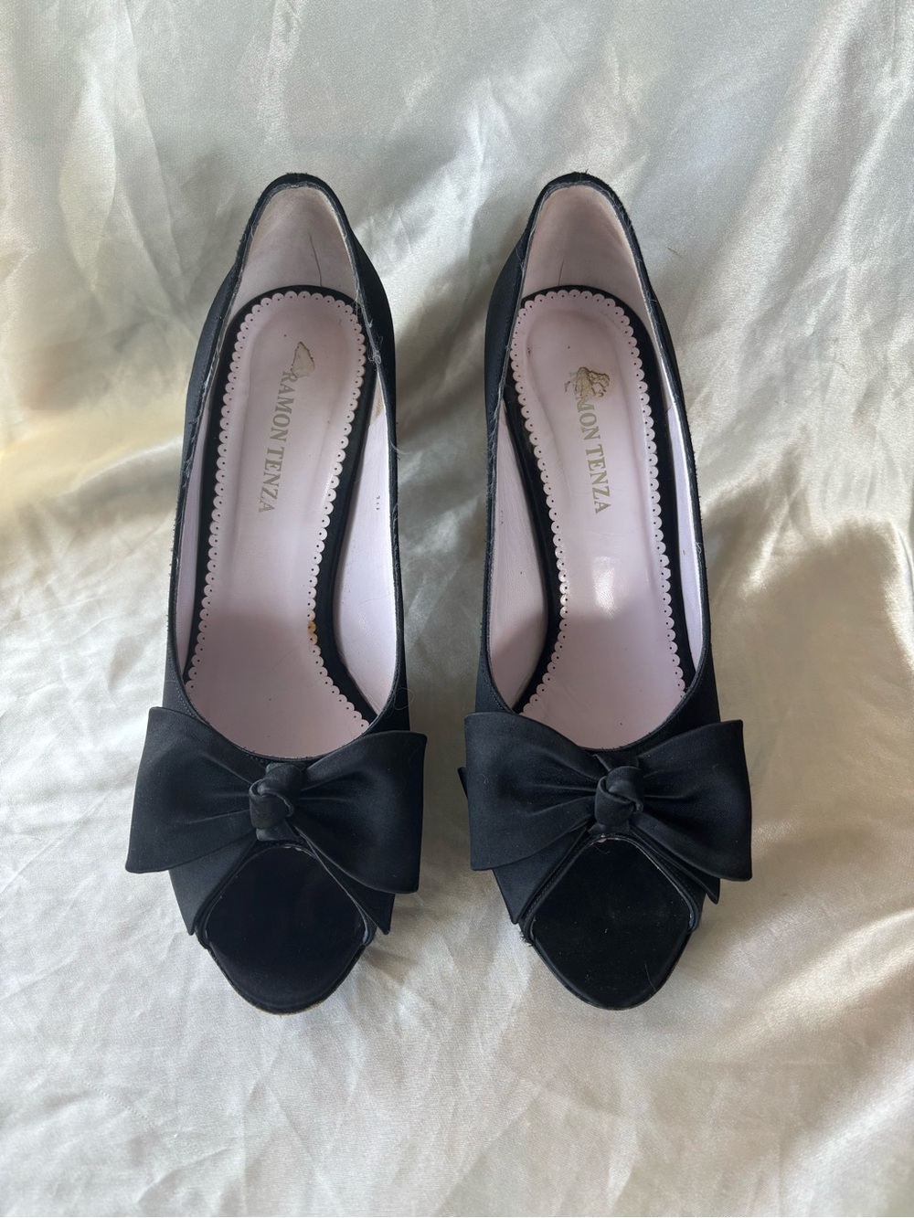 Ramon Tenza Black Satin Bow Peep-Toe Pumps